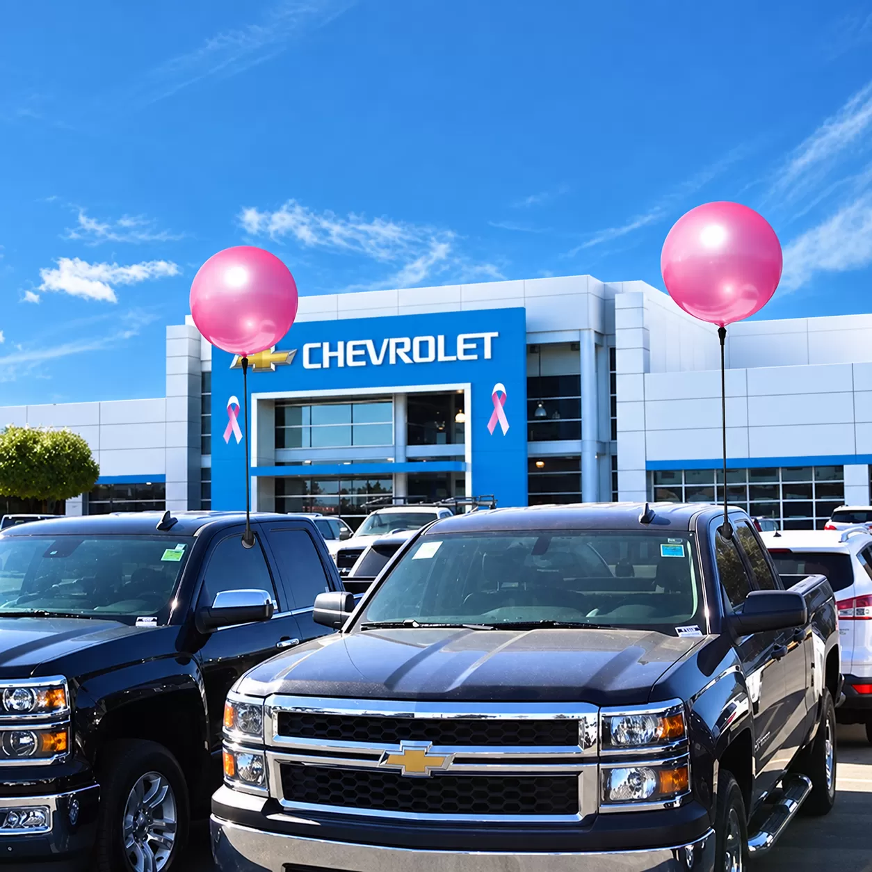 Pink DuraBalloon displays mounted to dealership truck windows