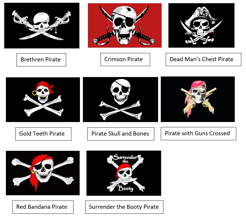 Collection of rectangular 3x5 pirate flag designs available to select