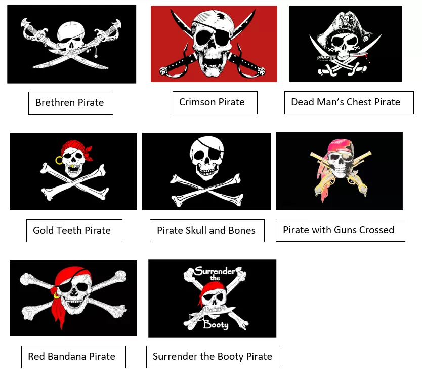 Collection of rectangular 3x5 pirate flag designs available to select
