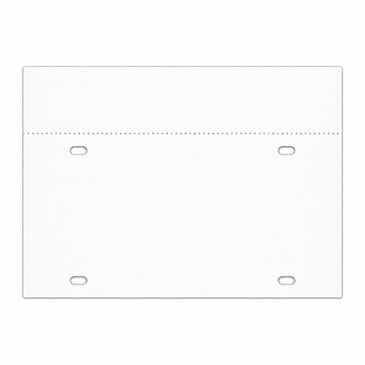 Blank temporary license plate tag sheet with four oval holes and one perforated tear-off