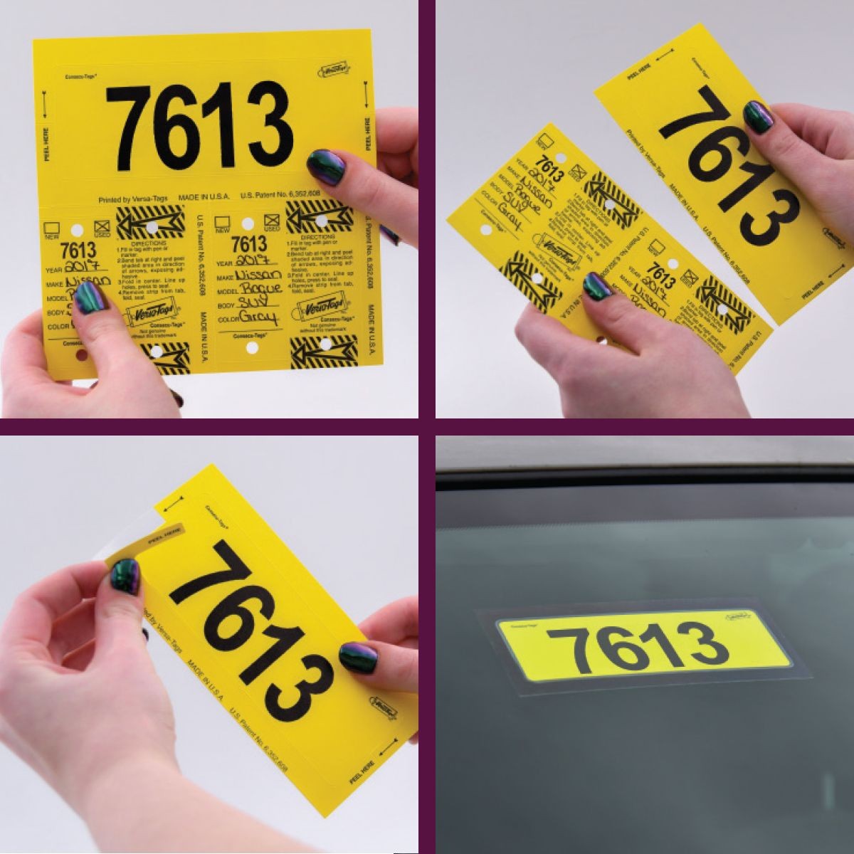 Yellow Versa-Tags Consecu-Tags set showing the matching key tags and stock sticker being applied inside a windshield