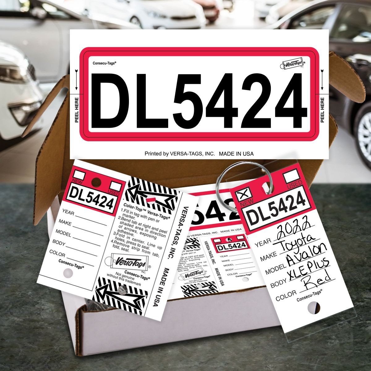 Red Color-Top Consecu-Tags stock sticker with matching self-protecting key tags and ring