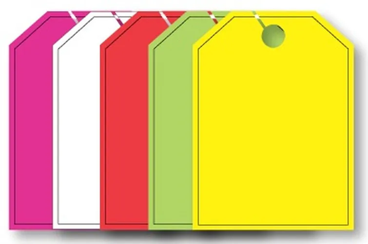 Blank mirror hang tags with thin black borders, shown in five colors