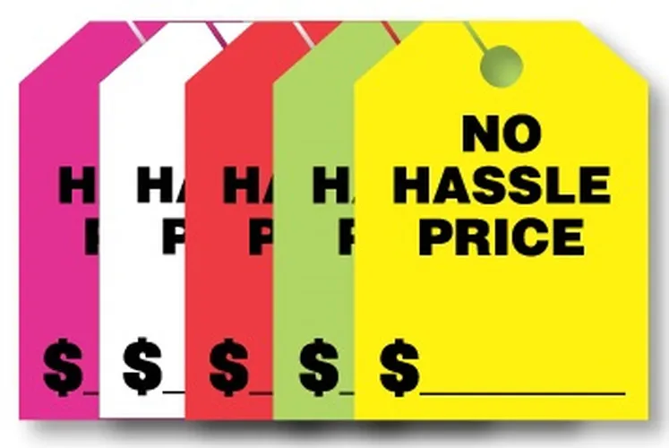 No Hassle Price mirror hang tags with dollar signs and price lines in five colors