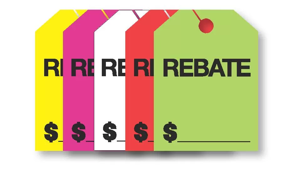 Rebate mirror hang tags in five colors with dollar signs and writing lines