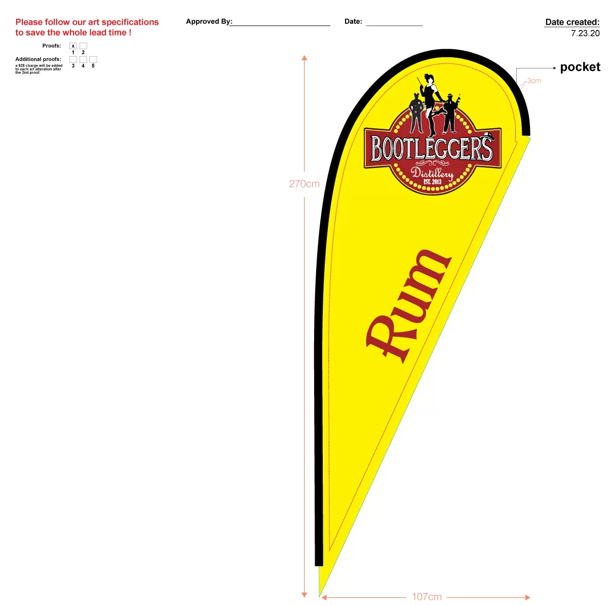 custom yellow rum single sided teardrop flag - (flag only - no hardware)