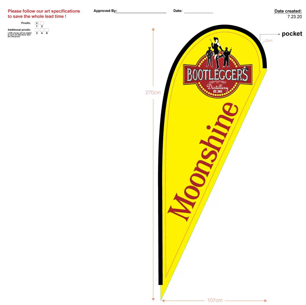 custom yellow moonshine single sided teardrop flag - (flag only - no hardware)