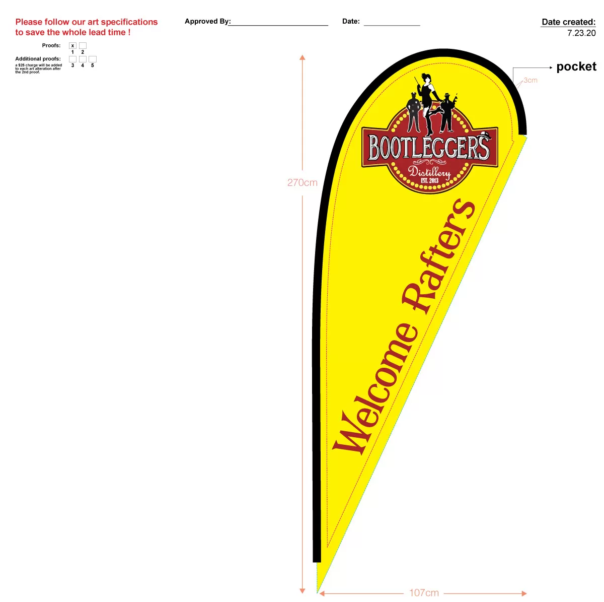 custom yellow welcome rafters single sided teardrop flag - (flag only - no hardware)