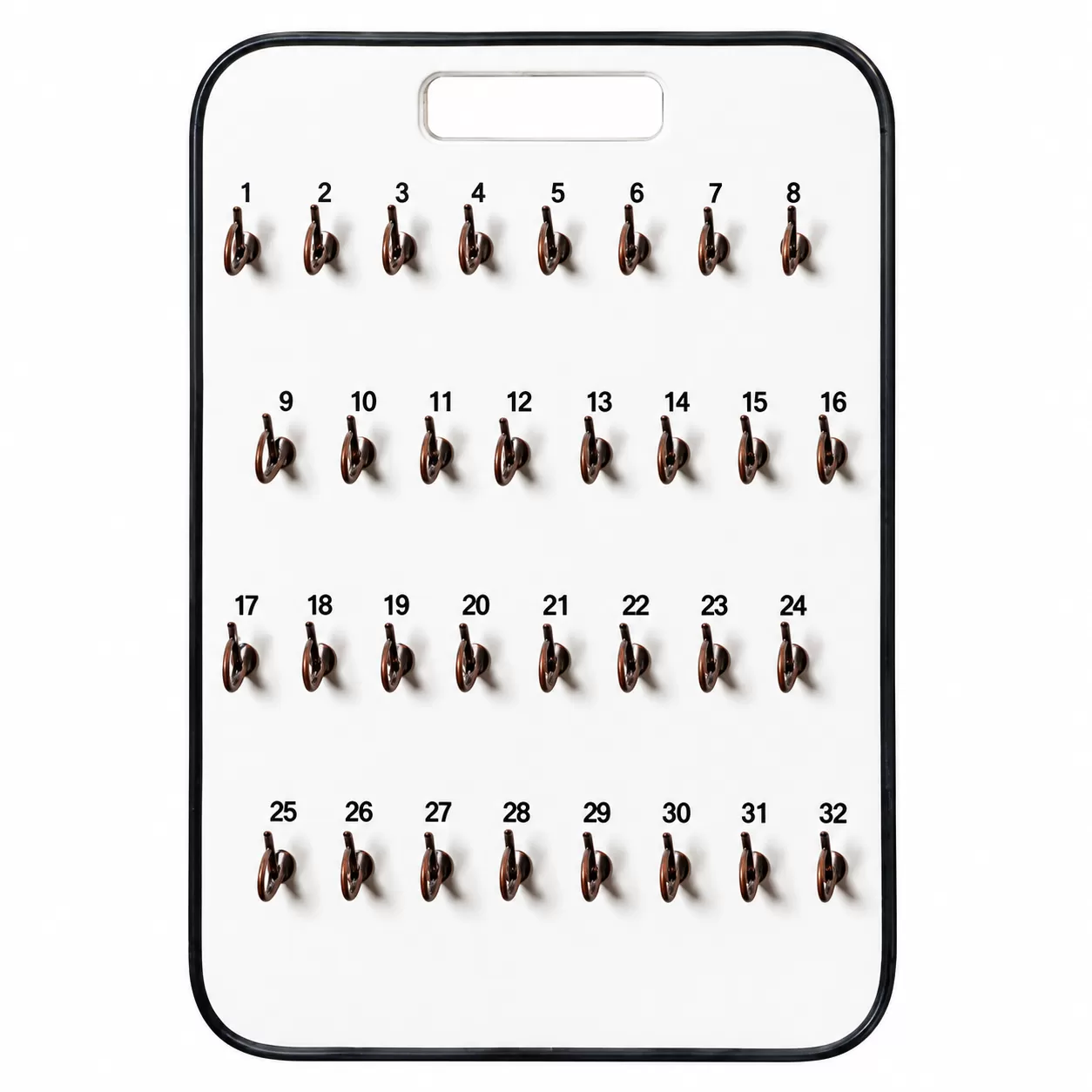 White 32-hook premium Oscar key board with four numbered rows, dark safety-catch hooks and a hand grip