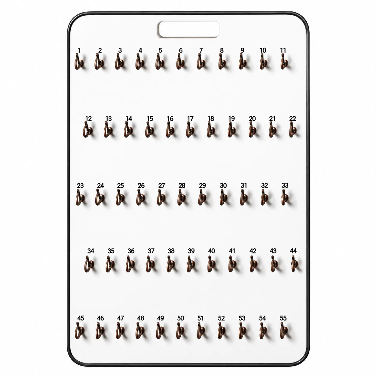 White 55-hook premium Oscar key board with numbered staggered rows, dark safety-catch hooks and a hand grip
