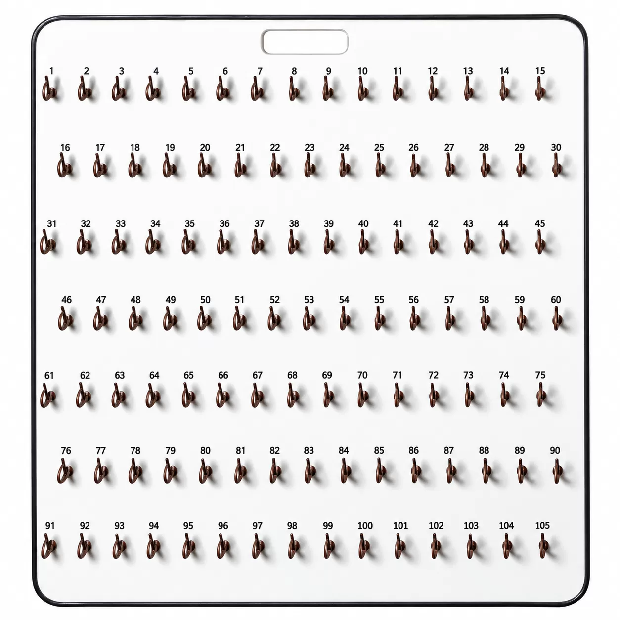 White 105-hook premium Oscar key board with seven numbered rows, dark safety-catch hooks and a hand grip