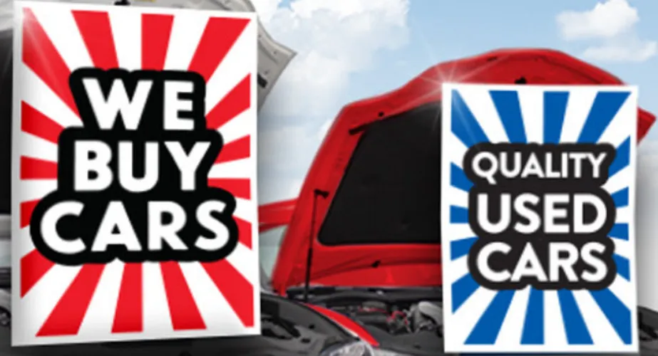 We Buy Cars and Quality Used Cars signs displayed beneath vehicle hoods
