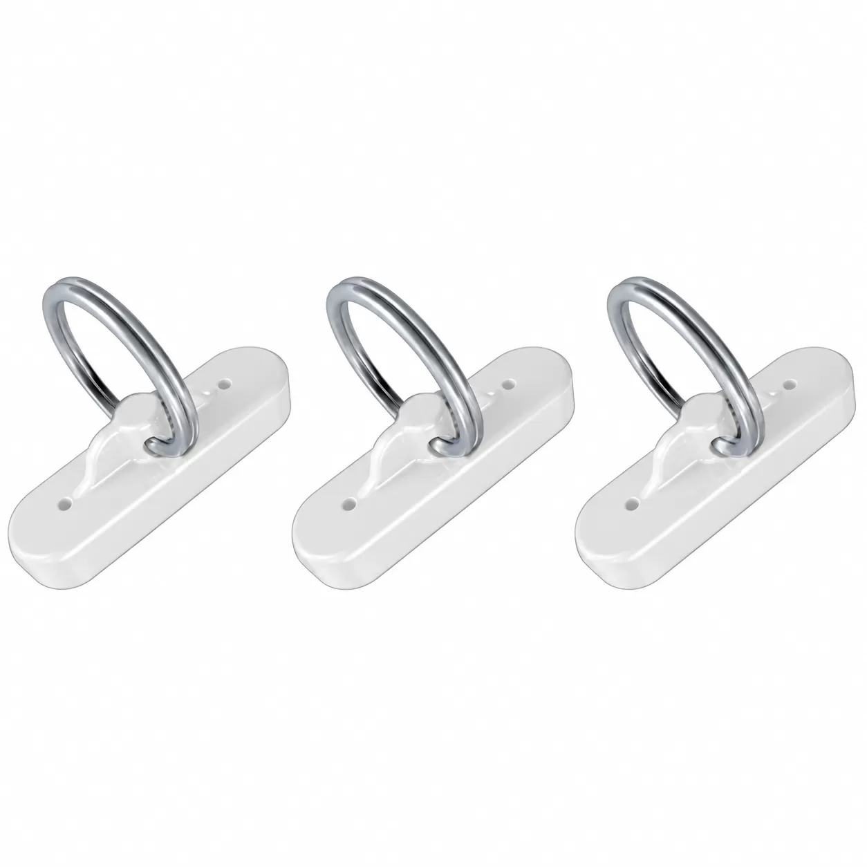 Three examples of slim white MagneClick magnets with silver metal loops