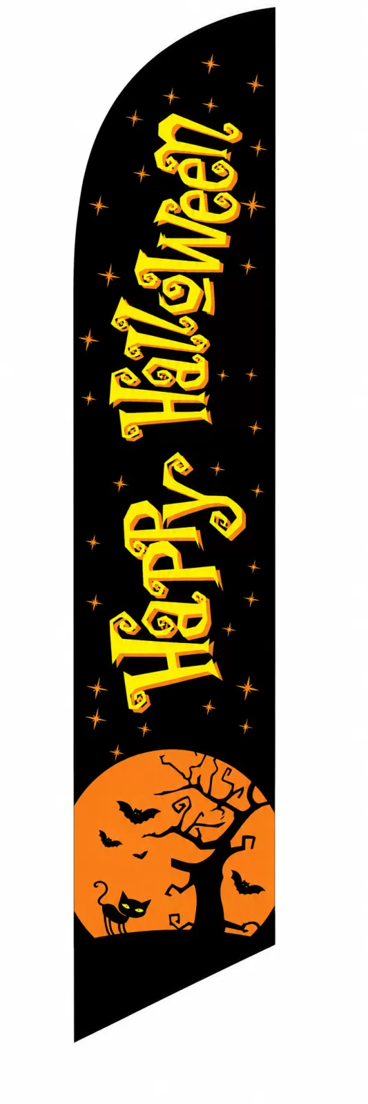 Black Happy Halloween feather flag with yellow lettering, orange stars, bats, tree and cat design