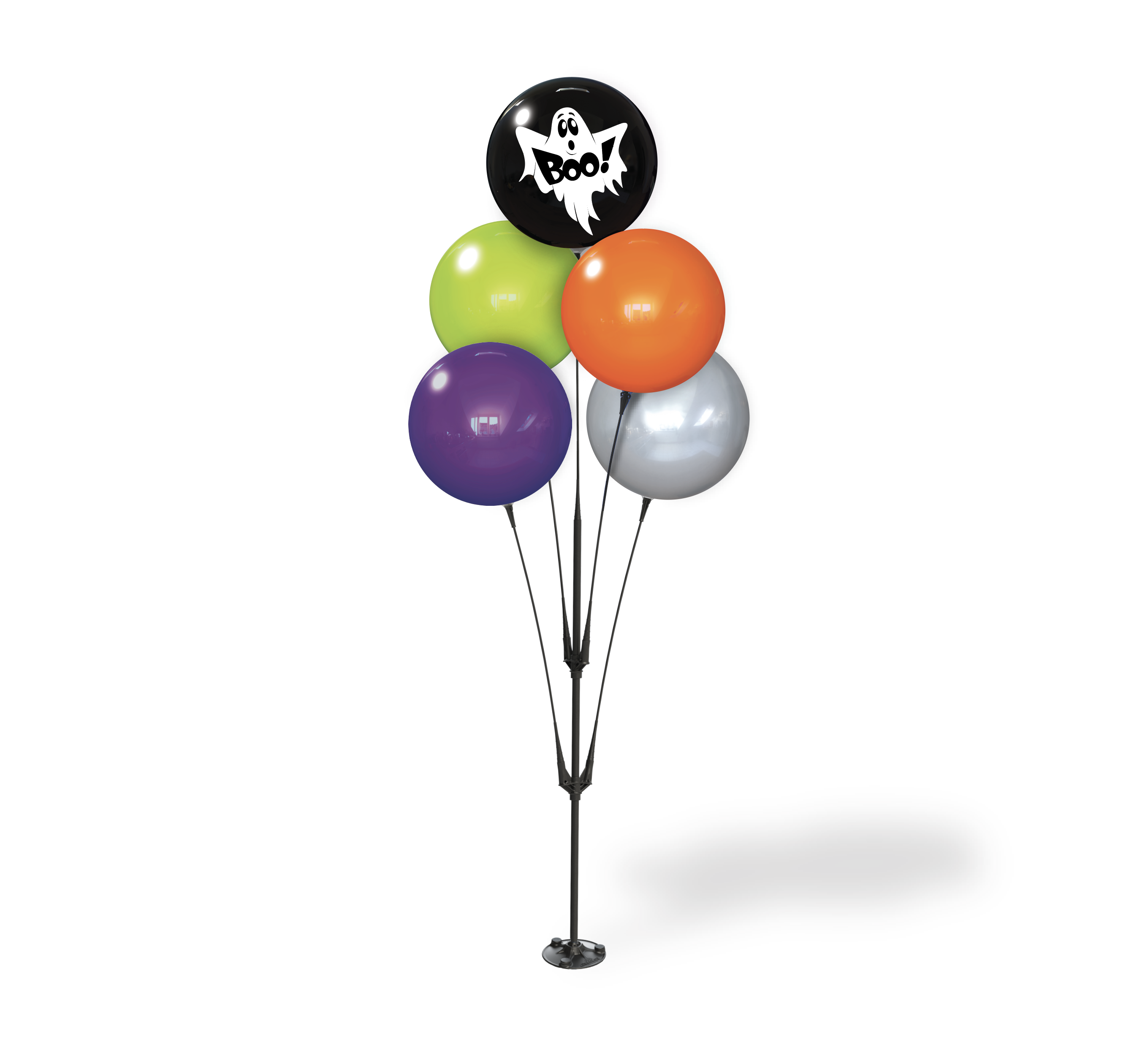Halloween BalloonBobber cluster with a ghost-print balloon and green, orange, purple and silver balloons