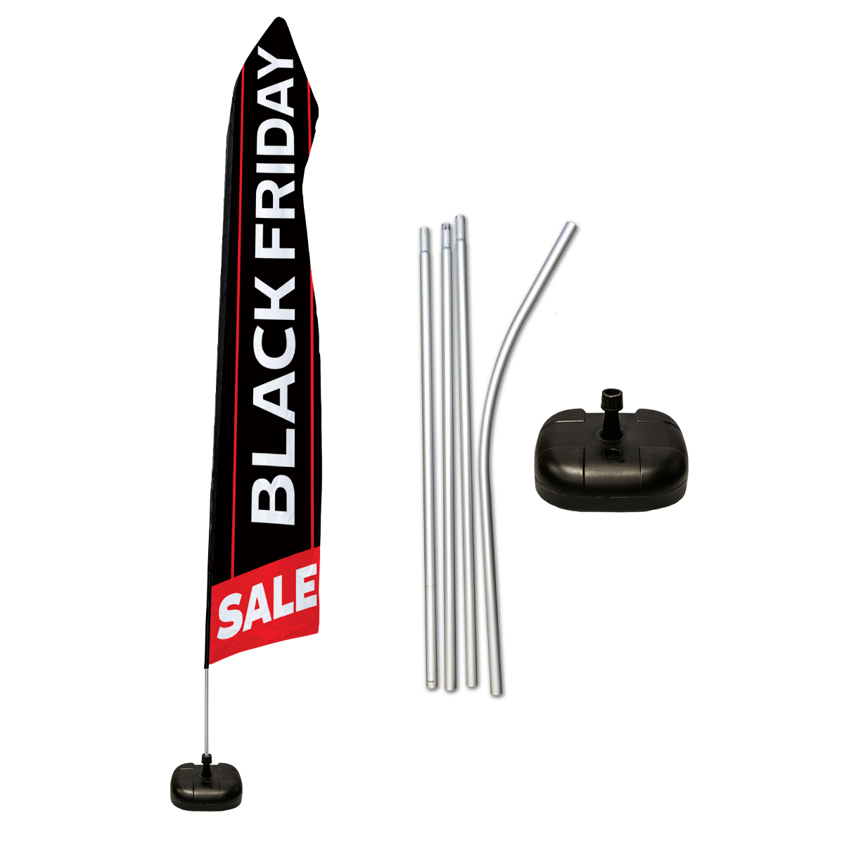 Black Friday Sale swooper feather flag with pole sections and water base
