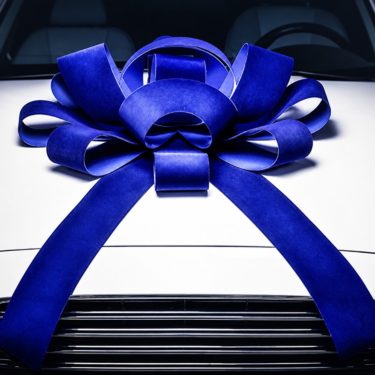 Blue velvet-finish magnetic car bow with two long tails on a white vehicle