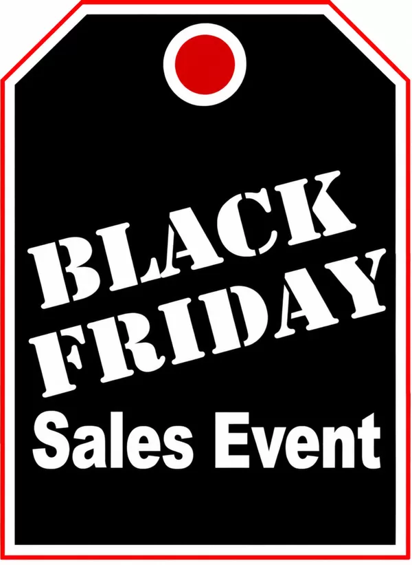 Black Friday Sales Event mirror hang tag with angled white lettering on a black background