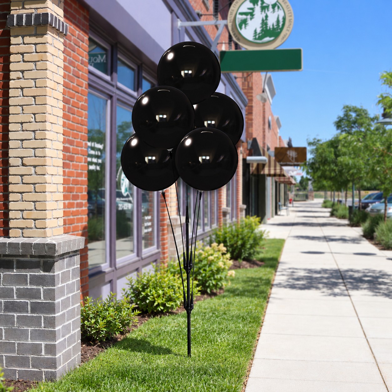 Five black DuraBalloons on a cluster pole installed in grass with the ground-spike mounting setup