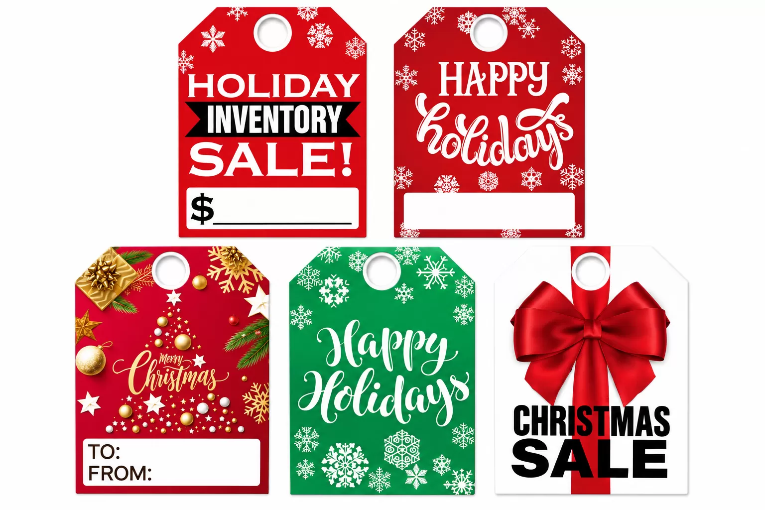Holiday mirror hang tags with Christmas sale and seasonal greeting designs