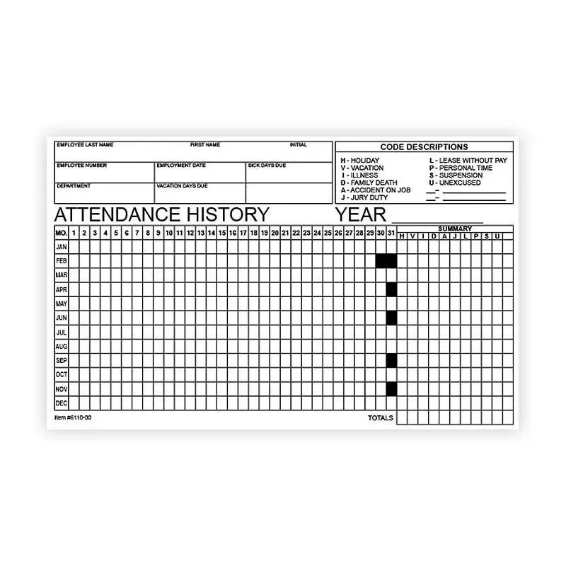 Employee attendance tracker form #6110-00 with an attendance record grid