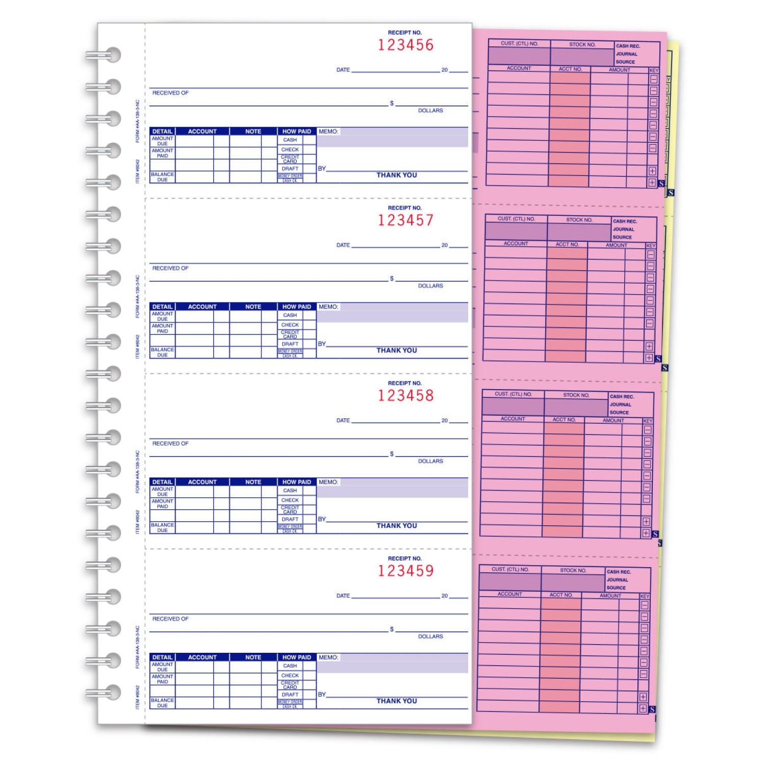 Coil-bound 3-part cash receipt book showing four numbered white receipts with pink and canary copies