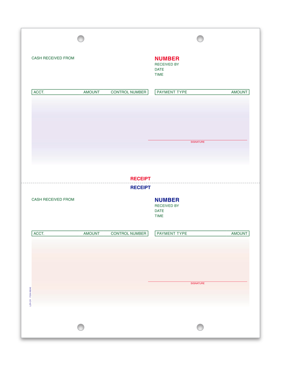 Preprinted LZR-CR cash receipt sheet with two receipt sections, colored fields and four file holes