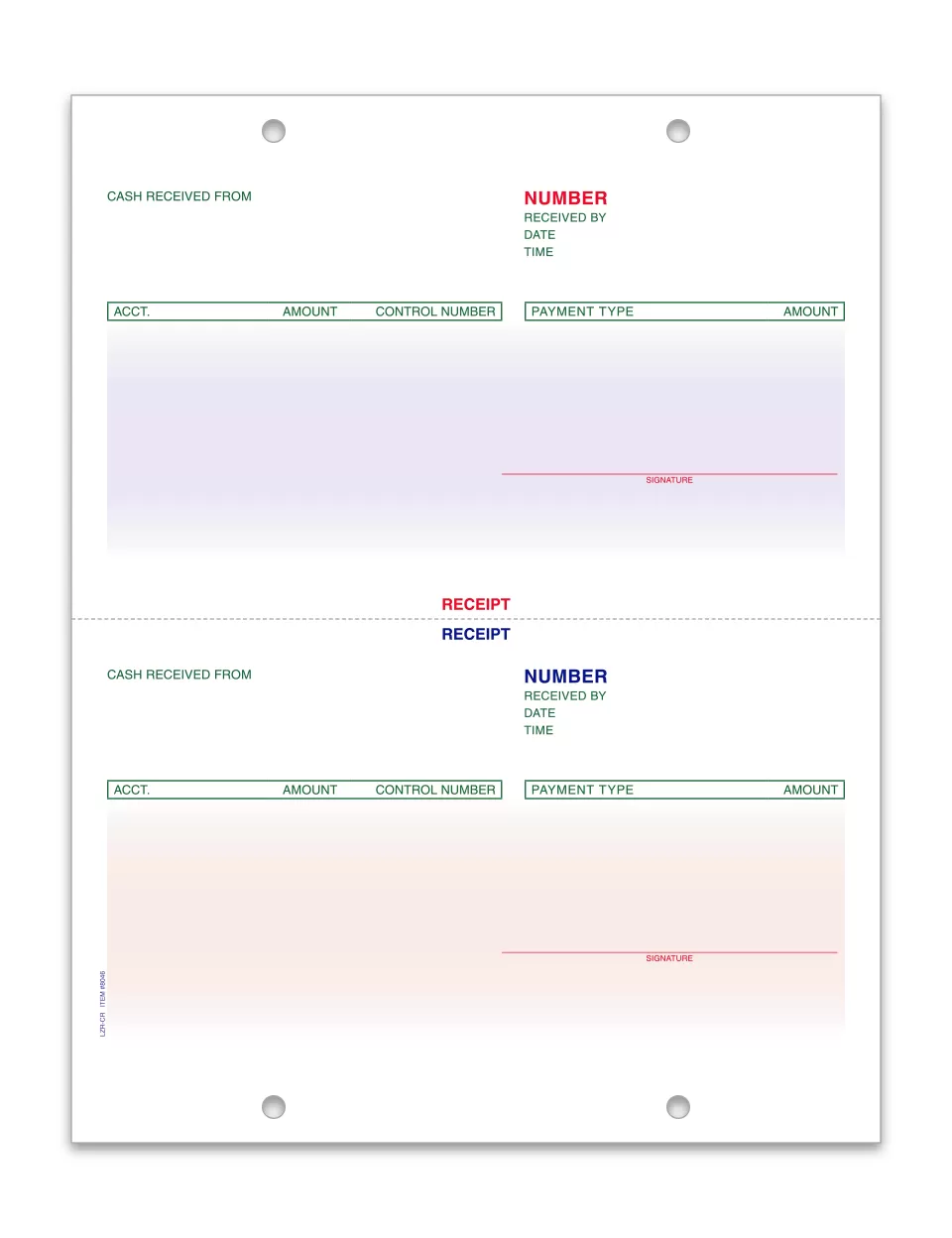 Preprinted LZR-CR cash receipt sheet with two receipt sections, colored fields and four file holes