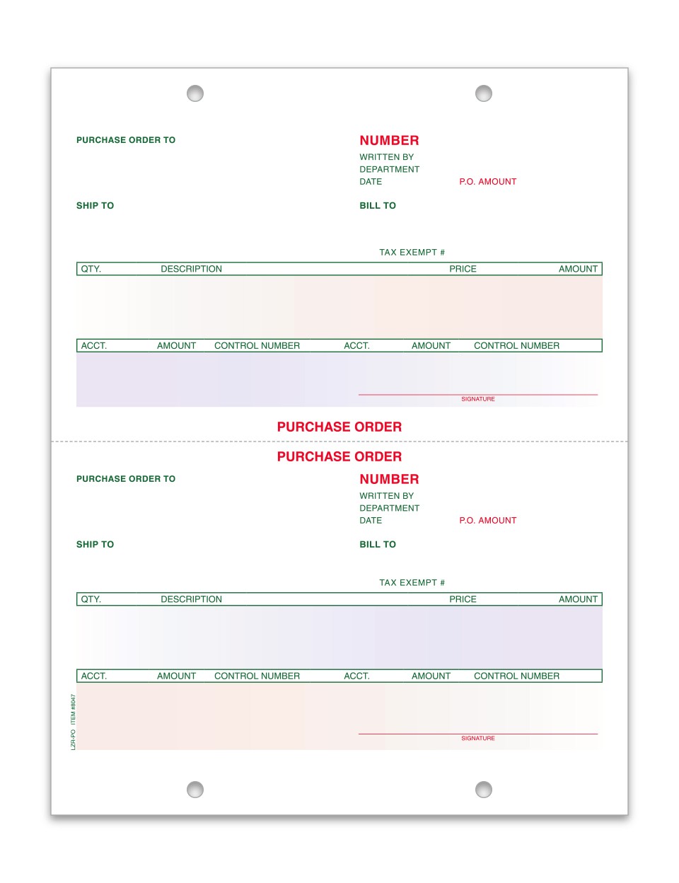 Preprinted LZR-PO purchase order sheet with two order sections, colored fields and four file holes