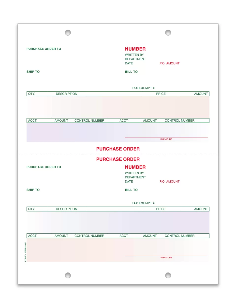 Preprinted LZR-PO purchase order sheet with two order sections, colored fields and four file holes