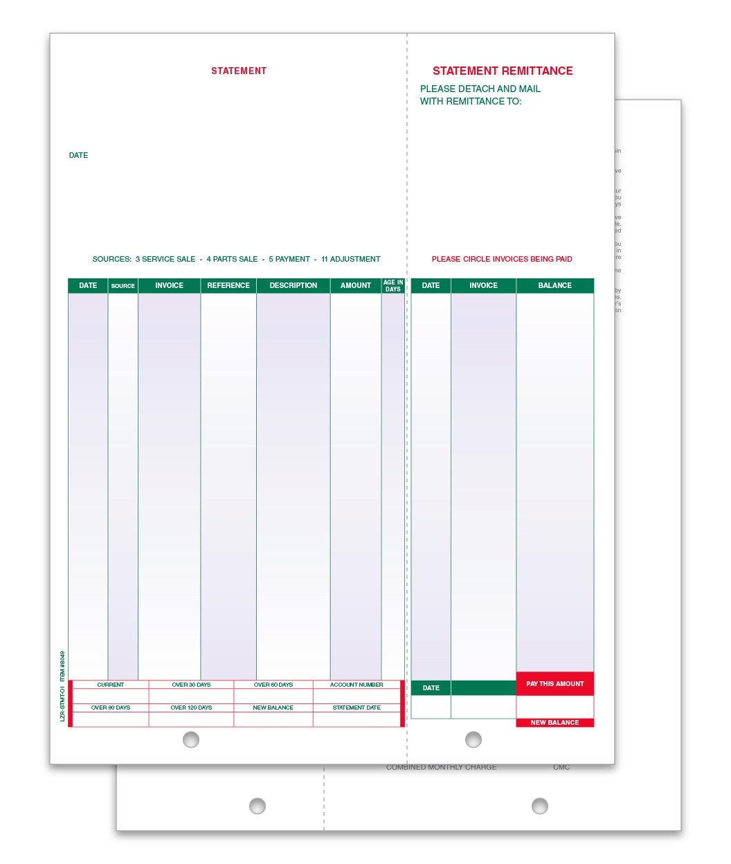 LZR-STMT-OI open item statement with vertical payment stub, colored columns and two bottom file holes