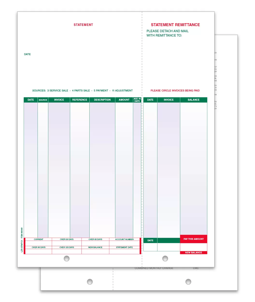 LZR-STMT-OI open item statement with vertical payment stub, colored columns and two bottom file holes