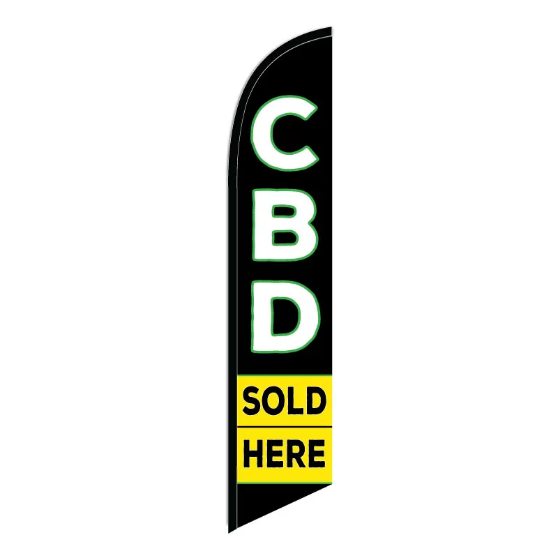 CBD Sold Here feather flag with black background, white and green CBD letters, and yellow Sold Here panels