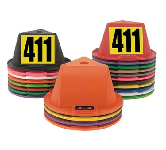 Stacks of magnetic car top hats in assorted colors with black 411 number decals on yellow backgrounds