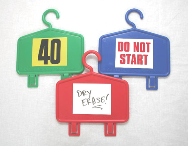 Green, blue and red plastic mirror hangers with number, DO NOT START and dry erase decals