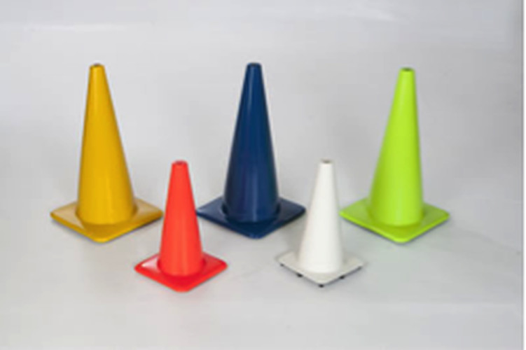 Yellow, orange, blue, white and lime green traffic cones with square bases