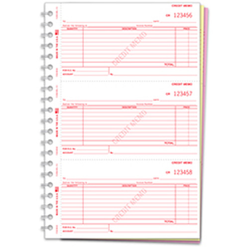 Coil-bound credit memo book showing 3 numbered red credit memo forms per page