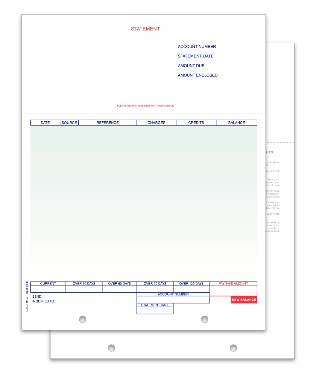 Balance-forward LZR-STMT-BF laser statement showing the payment stub, transaction area and gray printed reverse