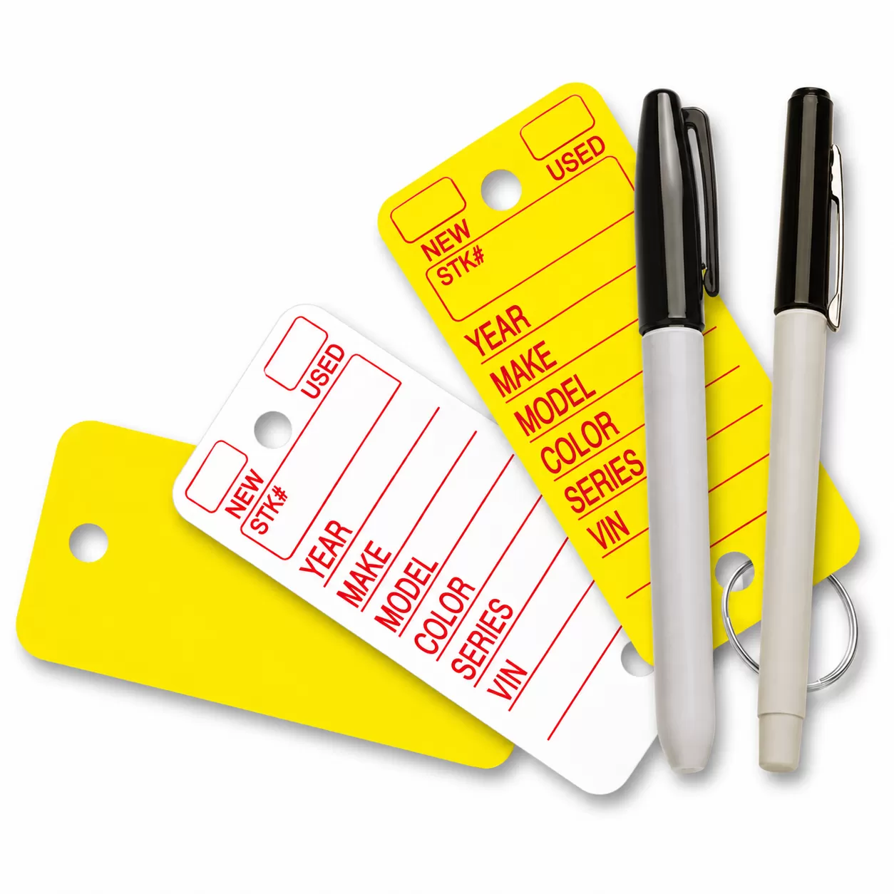 White and yellow Versa-Tag poly key tags with red vehicle fields, two markers and key rings