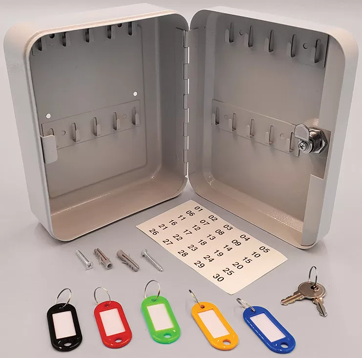 Gray 20-key steel control cabinet with key hooks and included key identification accessories