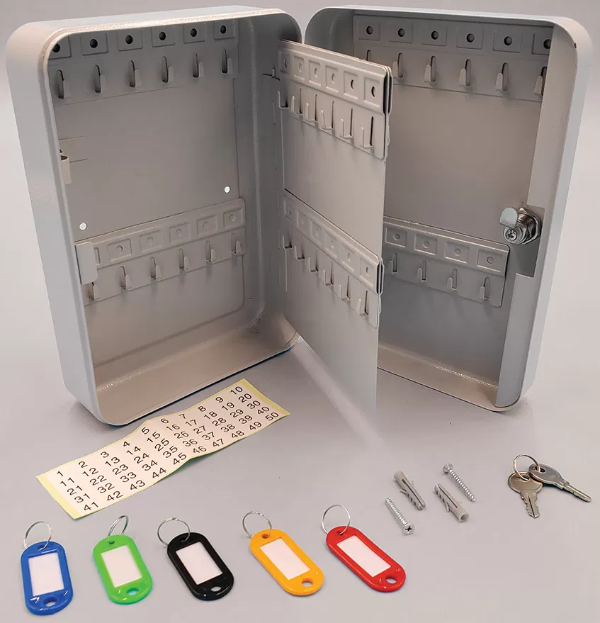 Open gray 48-key cabinet with center panel, numbered stickers, five colored key fobs and mounting hardware