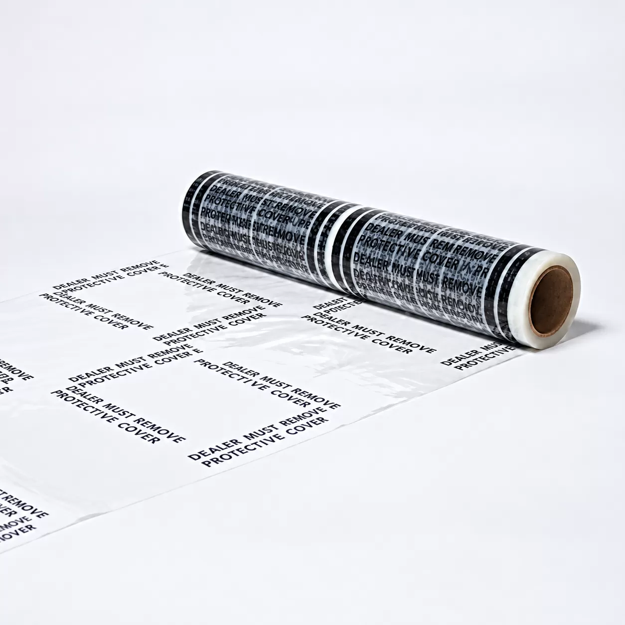 Clear adhesive floor mat roll partly unrolled to show the printed mat sections