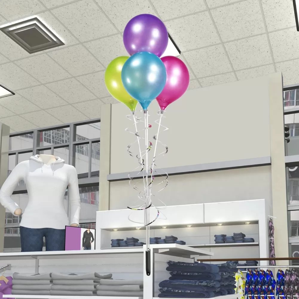 Four colorful PermaShine balloons mounted on a magnetic bracket in a store