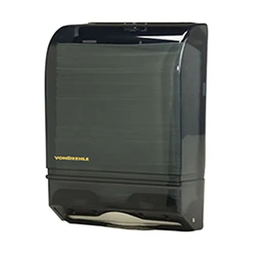 Dark multi-fold paper towel dispenser with a front viewing window