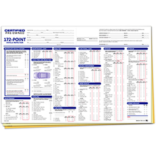Certified Pre-Owned 172-Point vehicle inspection report with multiple checklist sections