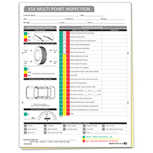 Kia Multi-Point Inspection form with service checklist, tire illustration and vehicle diagrams