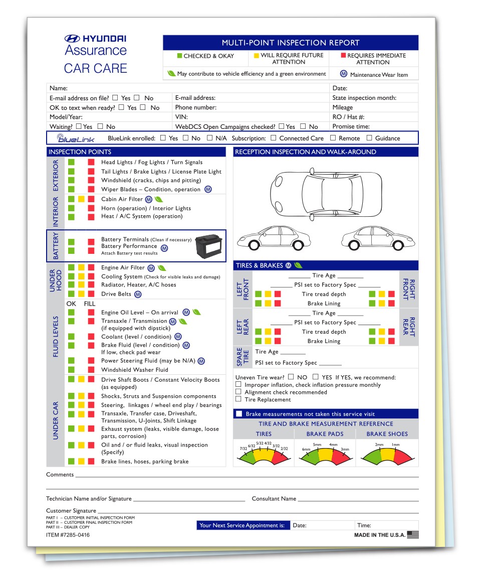Hyundai Assurance Car Care multi-point inspection report with color-coded checks and vehicle diagrams