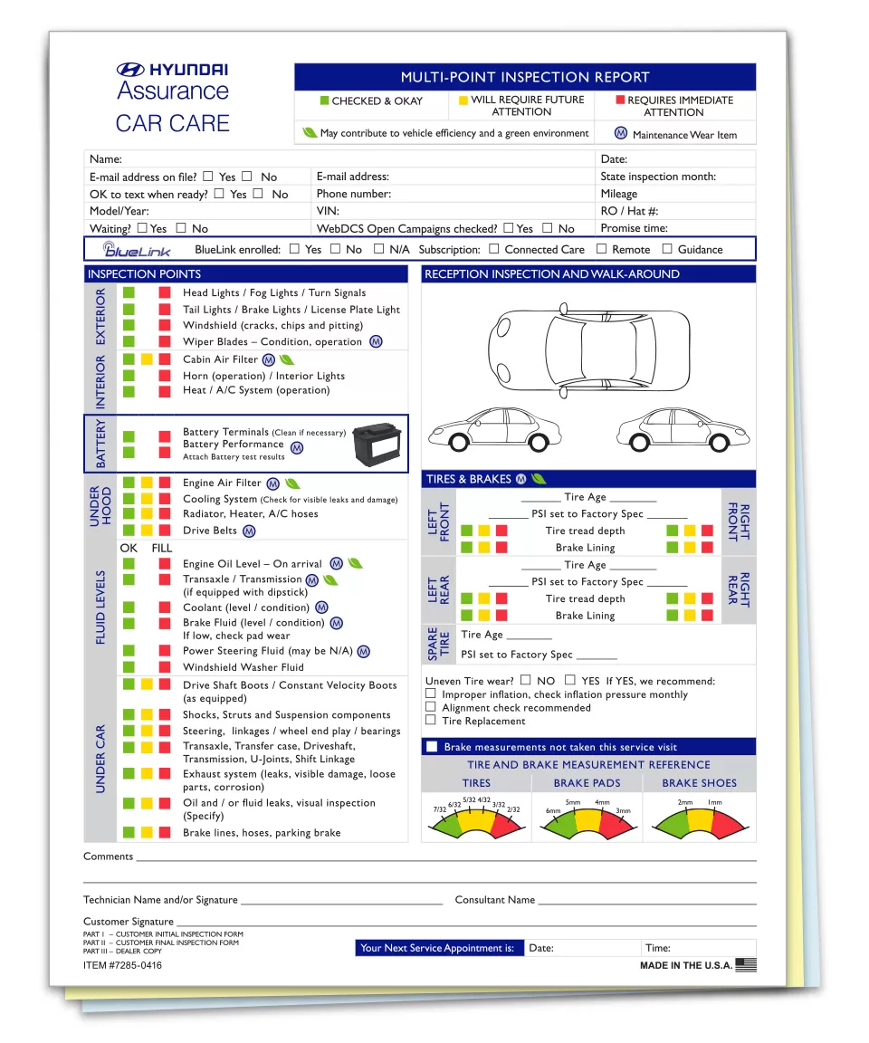 Hyundai Assurance Car Care multi-point inspection report with color-coded checks and vehicle diagrams