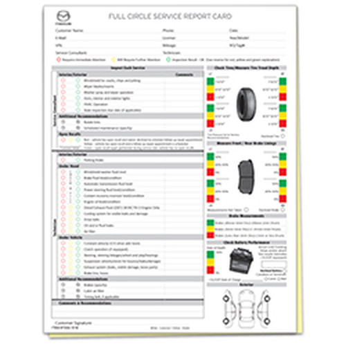 Mazda Full Circle Service Report Card with inspection checklist, tire, brake and battery sections
