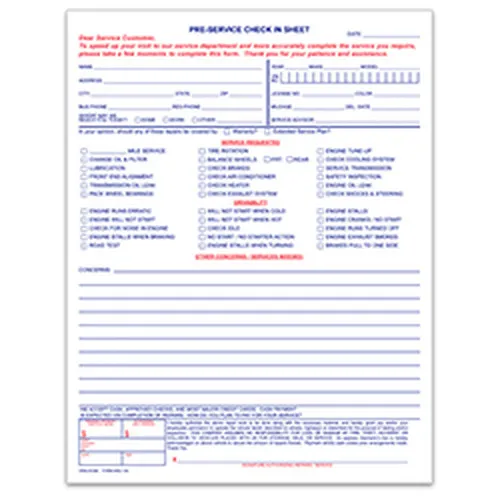 Pre-Service Check-In Forms RO-100 product preview